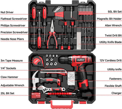 PULITUO Drill Set, 149-Piece Home Tool Set with 12V Pink Cordless Drill, Tool Box, Hand Tool Kits for Women & Men and DIY Enthusiasts, for Home Improvement