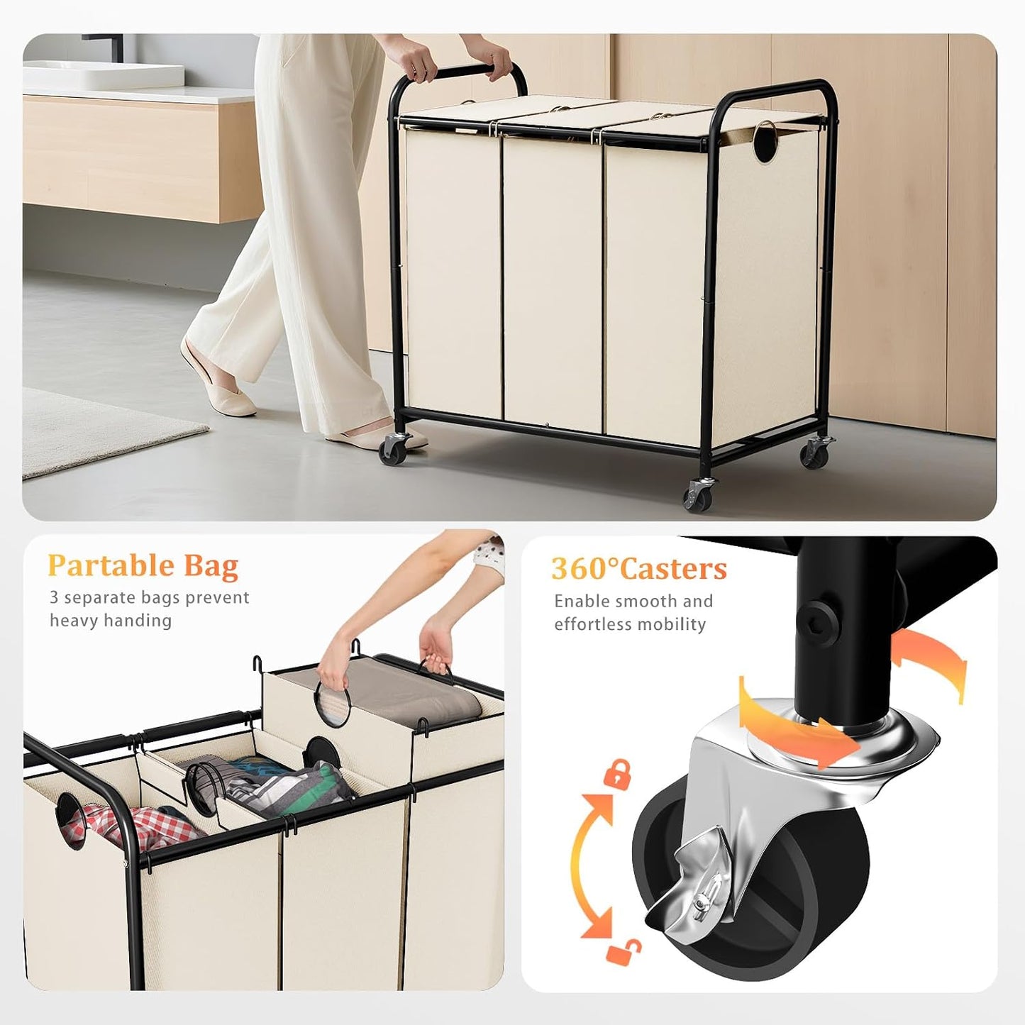 180L (47.55 Gal) Laundry Sorter 3 Section, Rolling Laundry Basket with Lockable Wheels and Lid, Laundry Hamper with 3 Separated Removable Bags Dirty Clothes Hamper for Laundry Room Organizer, Black
