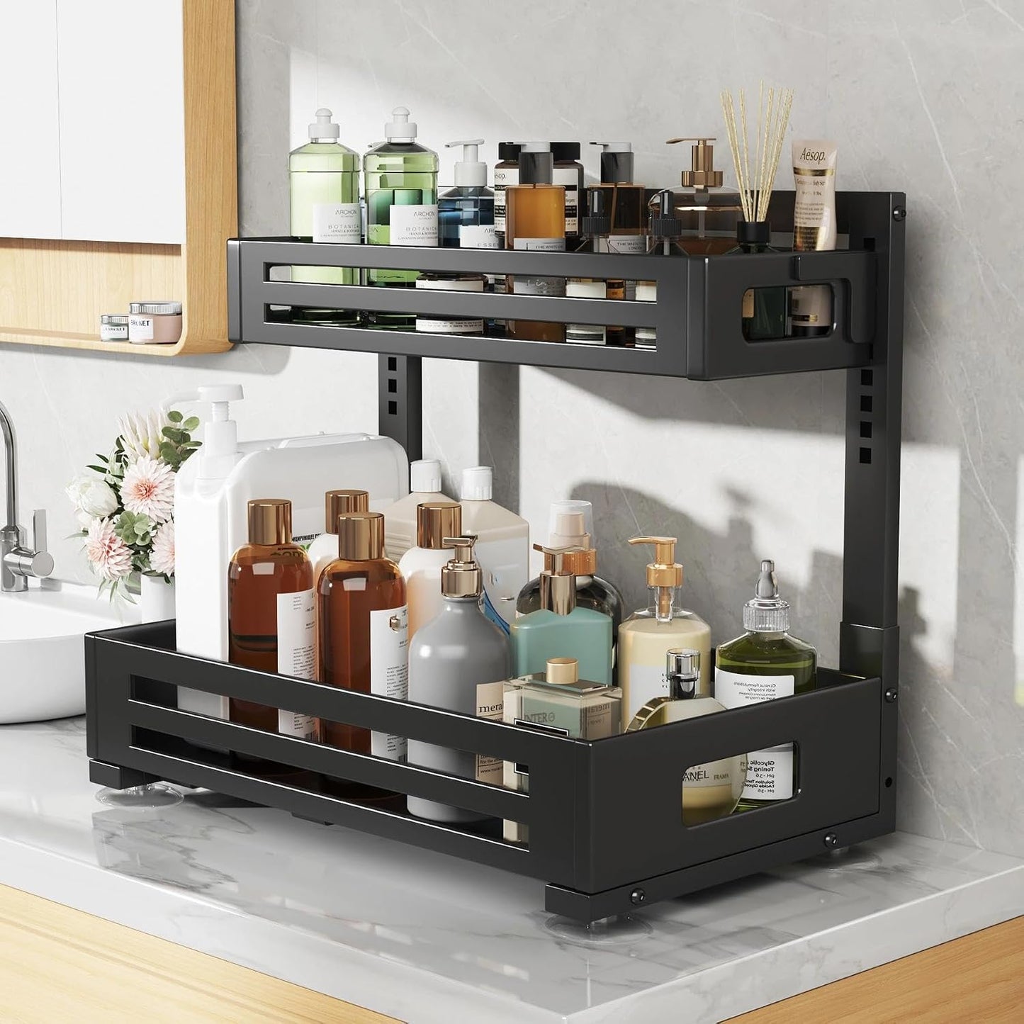 2 Pack Under Sink Organizer,Pull Out Cabinet Organizer with Smooth Cylindrical Rail,Metal Slide Out Drawer for Kitchen Bathroom Laundry Cabinet,8-Level Tool Free Height Adjustable-Black