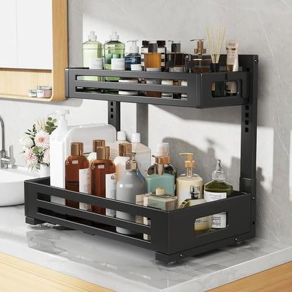 2 Pack Under Sink Organizer,Pull Out Cabinet Organizer with Smooth Cylindrical Rail,Metal Slide Out Drawer for Kitchen Bathroom Laundry Cabinet,8-Level Tool Free Height Adjustable-Black