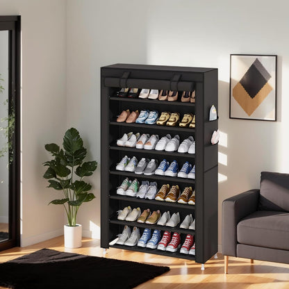 Laiensia 9-Tier Vertical Shoe Rack Organizer, Space Saving Shoe Storage Organizer, Non-Woven Cover Shoe Shelf Holds 36-45 Pairs for Bedroom, Hallway, Closet Entryway, Black