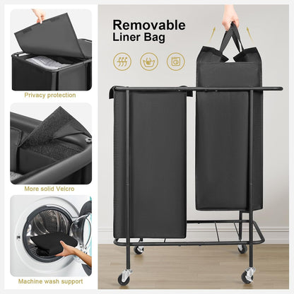 Double Laundry Hamper with Wheels,200L Rolling Laundry Basket 2 Section with Lid,Steel Frame Laundry Cart with Handle and Removable Bags,Dirty Clothes Hamper for Laundry Room,Dorm,Black