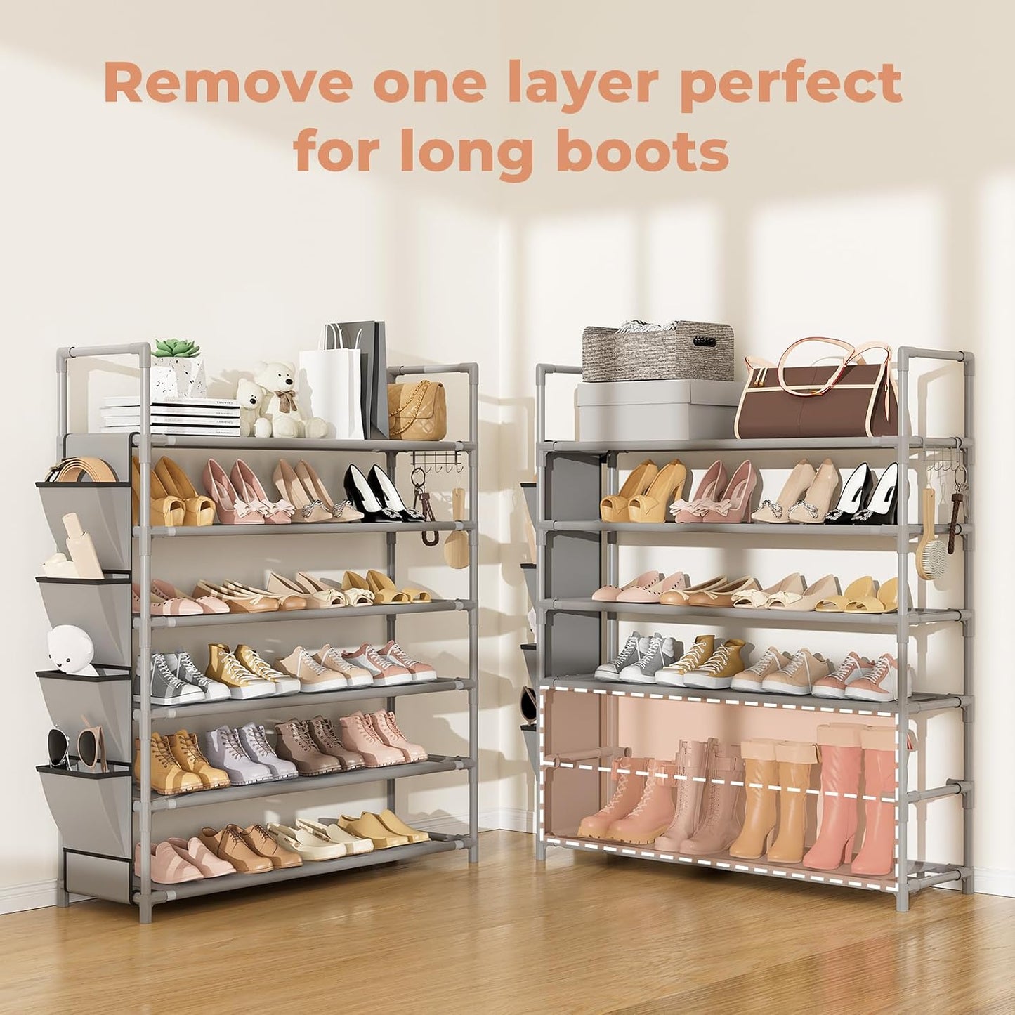 LANTEFUL 6 Tier Shoe Rack Storage for 24-30 Pairs Shoe and Boot, Shoe Organizer with Hook and Side Pocket Free Standing Long Shoe Shelf Tall Shoe Rack Organizer for Closet, Entryway, Dorm, White