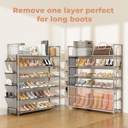 LANTEFUL 6 Tier Shoe Rack Storage for 24-30 Pairs Shoe and Boot, Shoe Organizer with Hook and Side Pocket Free Standing Long Shoe Shelf Tall Shoe Rack Organizer for Closet, Entryway, Dorm, White