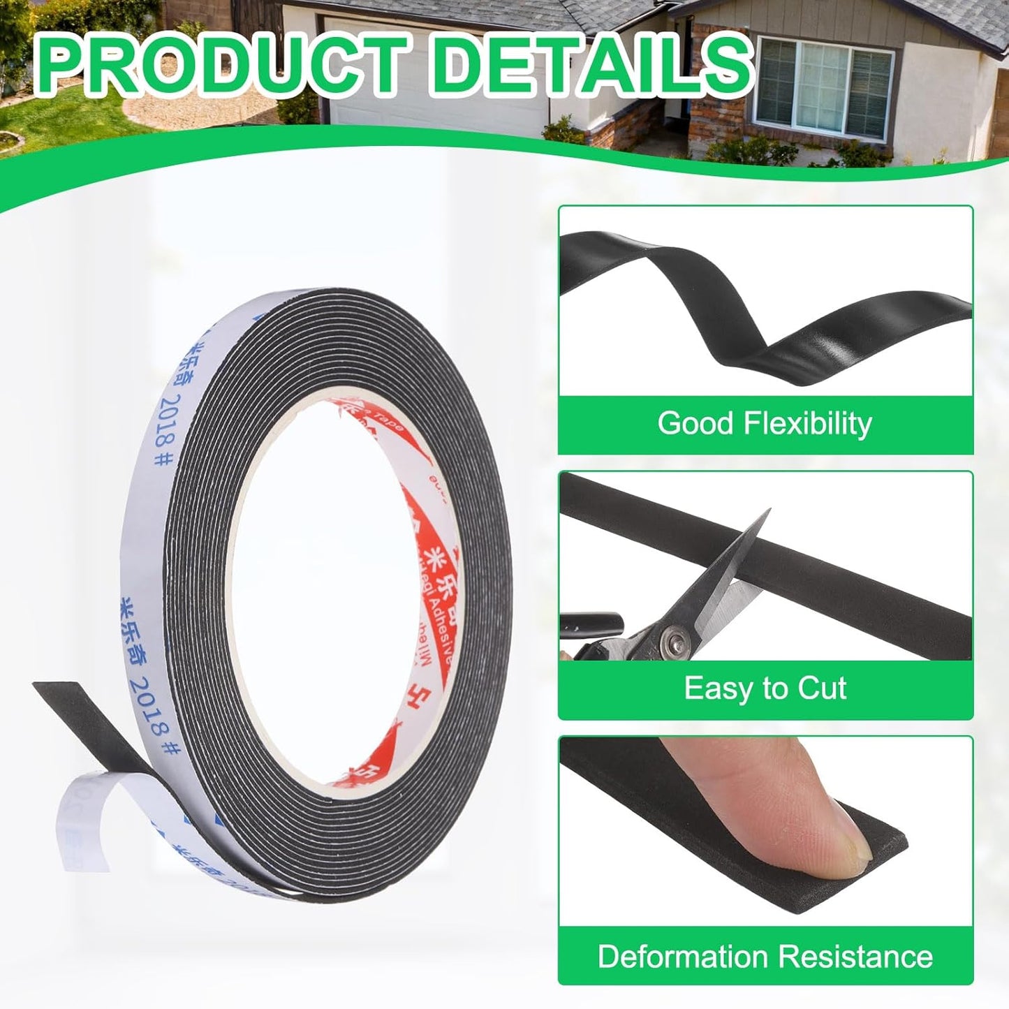 PATIKIL Sponge Rubber Foam Tape, 5/8" W x 1/8" t x 16.4ft l Self-Adhesive Foam Insulation Tape Weather Stripping for Window Door Soundproofing Weatherstrip AC Seal Strip, Black