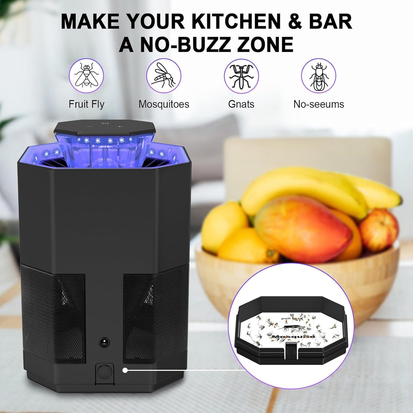 Fruit Fly Traps for Indoors, Indoor Mosquito Trap with 3 Adjustable Speeds & Lighting, Suction & Blue Light, Gnat Trap for House Kitchen Bedroom with 2 Double-Sided Glue Boards