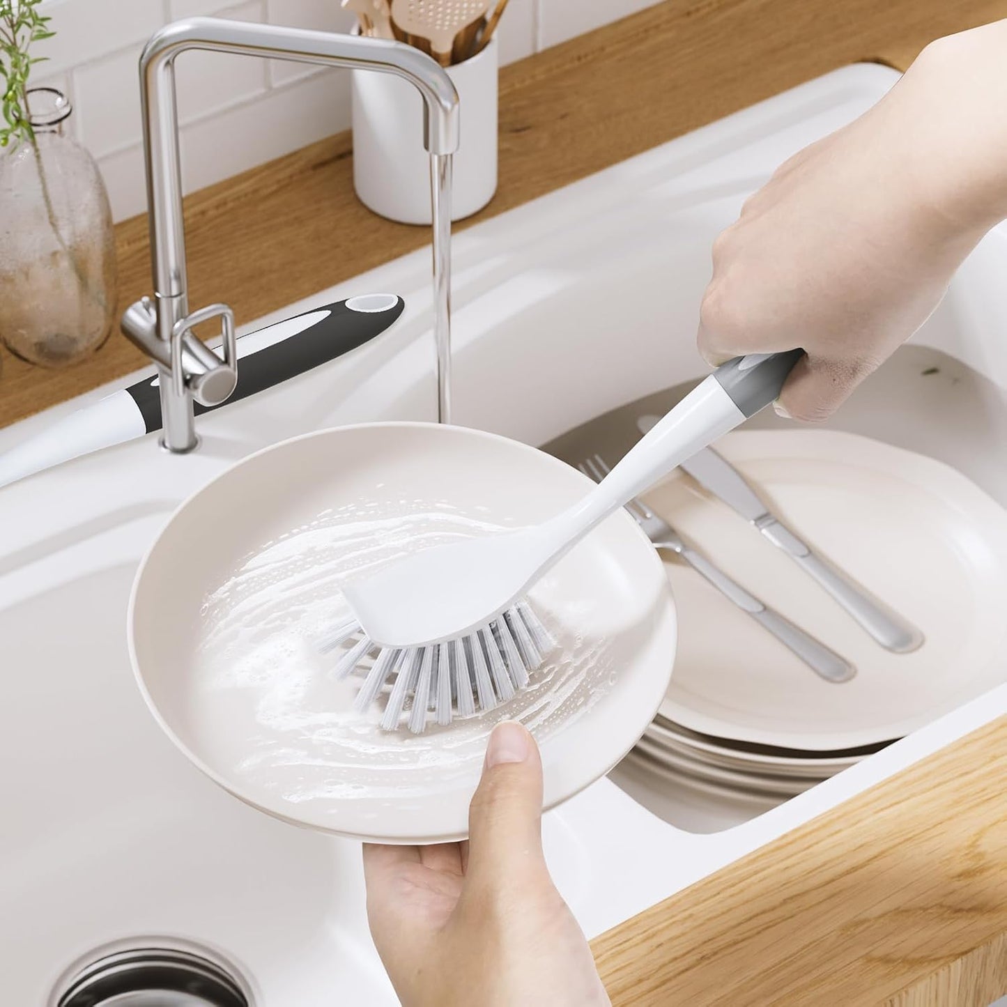 Amazer Dish Brush with Handle, 2 Pack Kitchen Scrub Brushes for Cleaning, Dish Scrubber with Stiff Bristles for Sink, Pots, Pans