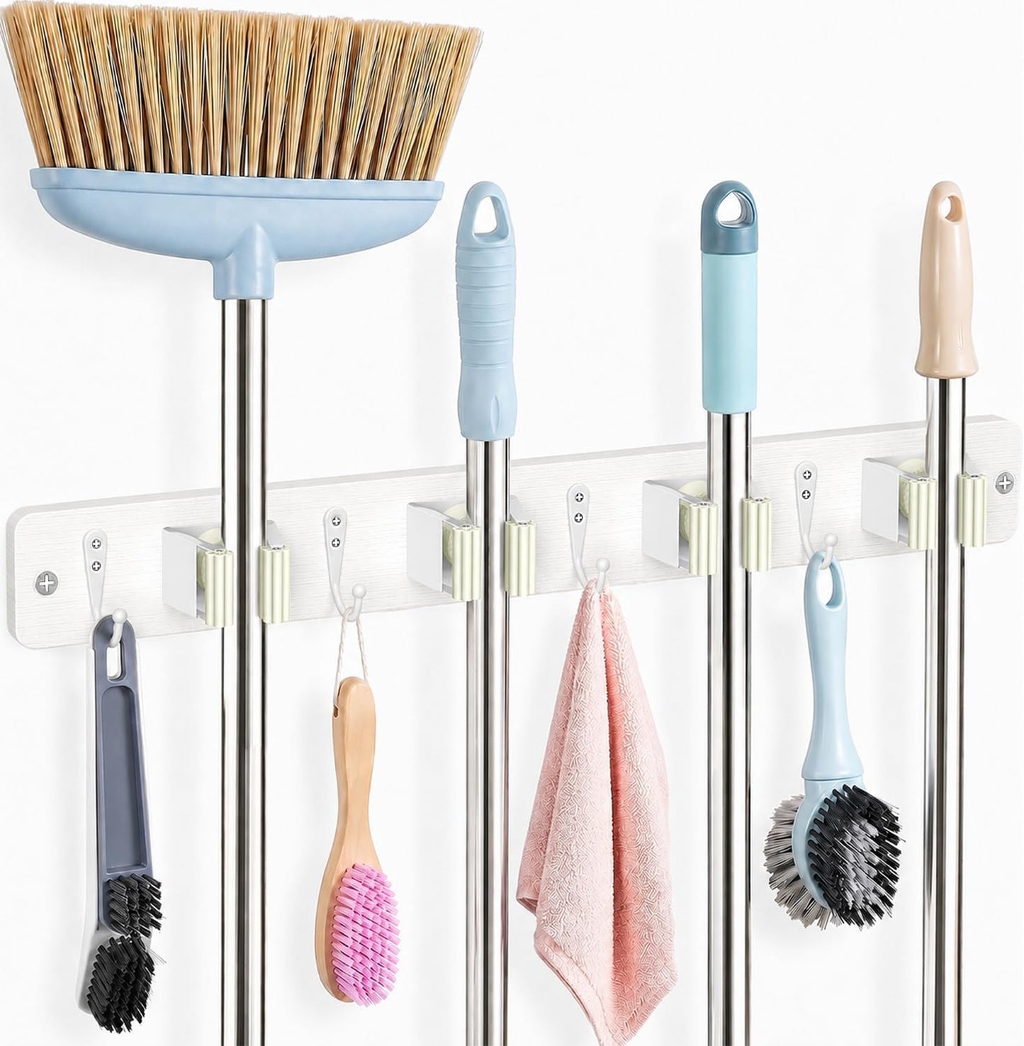 AceMining Broom Holder Wall Mounted, White 4 Holders and 4 Hooks Mop Holder, Wooden Mop and Broom Holder with Anti slip rubber, Natural pine wood Brush Holder, Mop Wall Holde with Nail installation