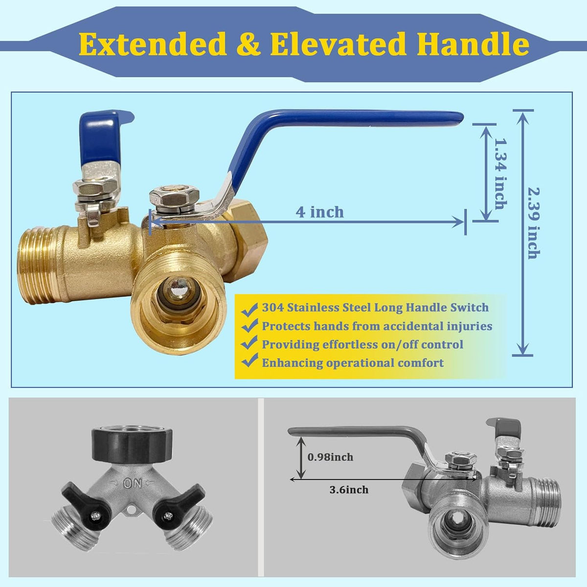 Garden Hose Splitter 2 Way Heavy Duty Brass with 304 Stainless Steel Elevated Handle Full Flow Water Hose Connector, Y Valve 3/4 Inch GHT Thread