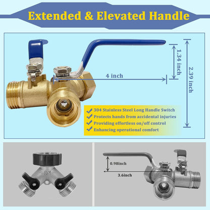 Garden Hose Splitter 2 Way Heavy Duty Brass with 304 Stainless Steel Elevated Handle Full Flow Water Hose Connector, Y Valve 3/4 Inch GHT Thread