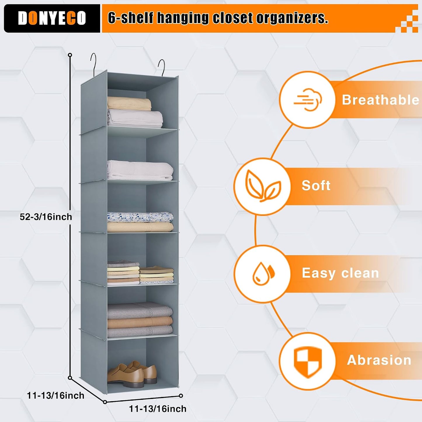 Hanging Closet Organizer 3-Shelf, Oxford Fabric Wardrobe Storage, Gray | Easy-mount foldable design holds clothes, handbags, shoes & accessories; washable Oxford fabric, sturdy and space-saving.