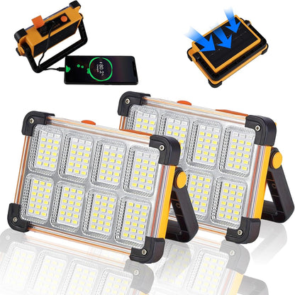 120W Solar Rechargeable Work Light, 144 LED 10000LM Portable Flood Light with Stand, IP66 Waterproof 4 Modes LED Job Site Lighting Flashlights for Mechanic Camping Fishing Car Repair