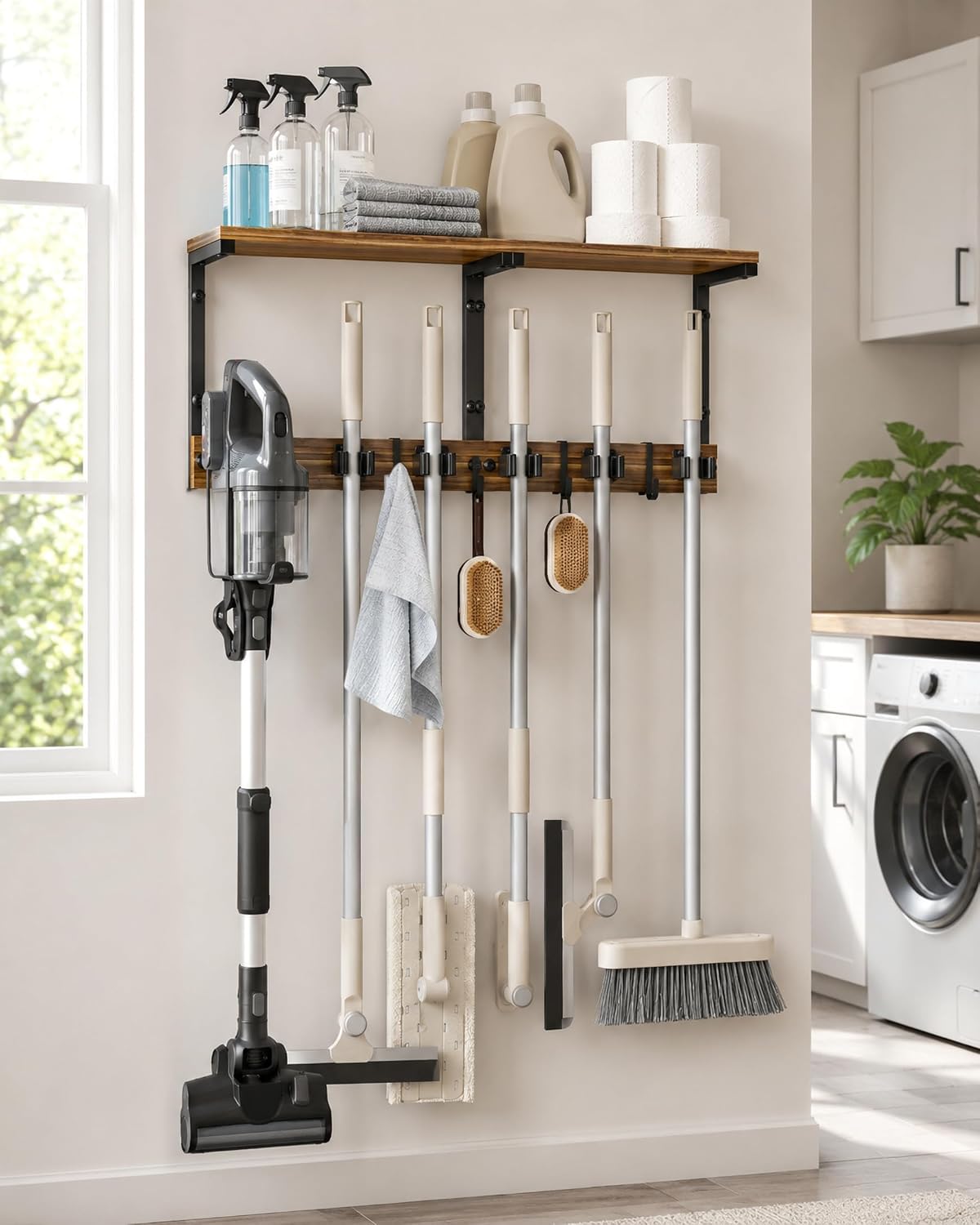 Broom and Mop Holder Wall Mount, 27" Large Organizer with Wood Shelf | Vacuum Holder, 5 Heavy-Duty Grippers, 5 Movable Metal Hooks for Laundry Room, Garage and Utility Closet Organization