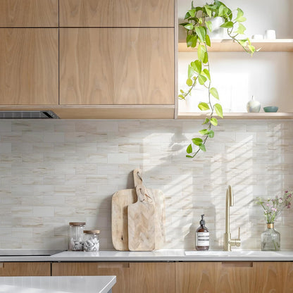 STICKGOO 10-Sheet Subway Tile Peel and Stick Backsplash, Seamless Design Polished Eurasia Beige Kitchen Backsplash Wall Tiles, Glossy Surface Waterproof Stick on Tile for Bathroom, RV, Fireplace