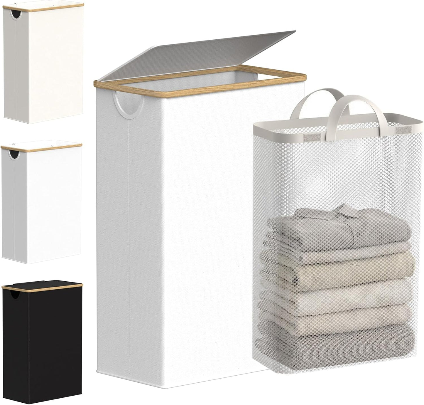 efluky Slim Laundry Basket with Lid, Narrow Laundry Hamper with Removable Bag, Skinny Dirty Clothes Basket with Bamboo Handles for Bathroom, Bedroom & Laundry Room, 75L Beige
