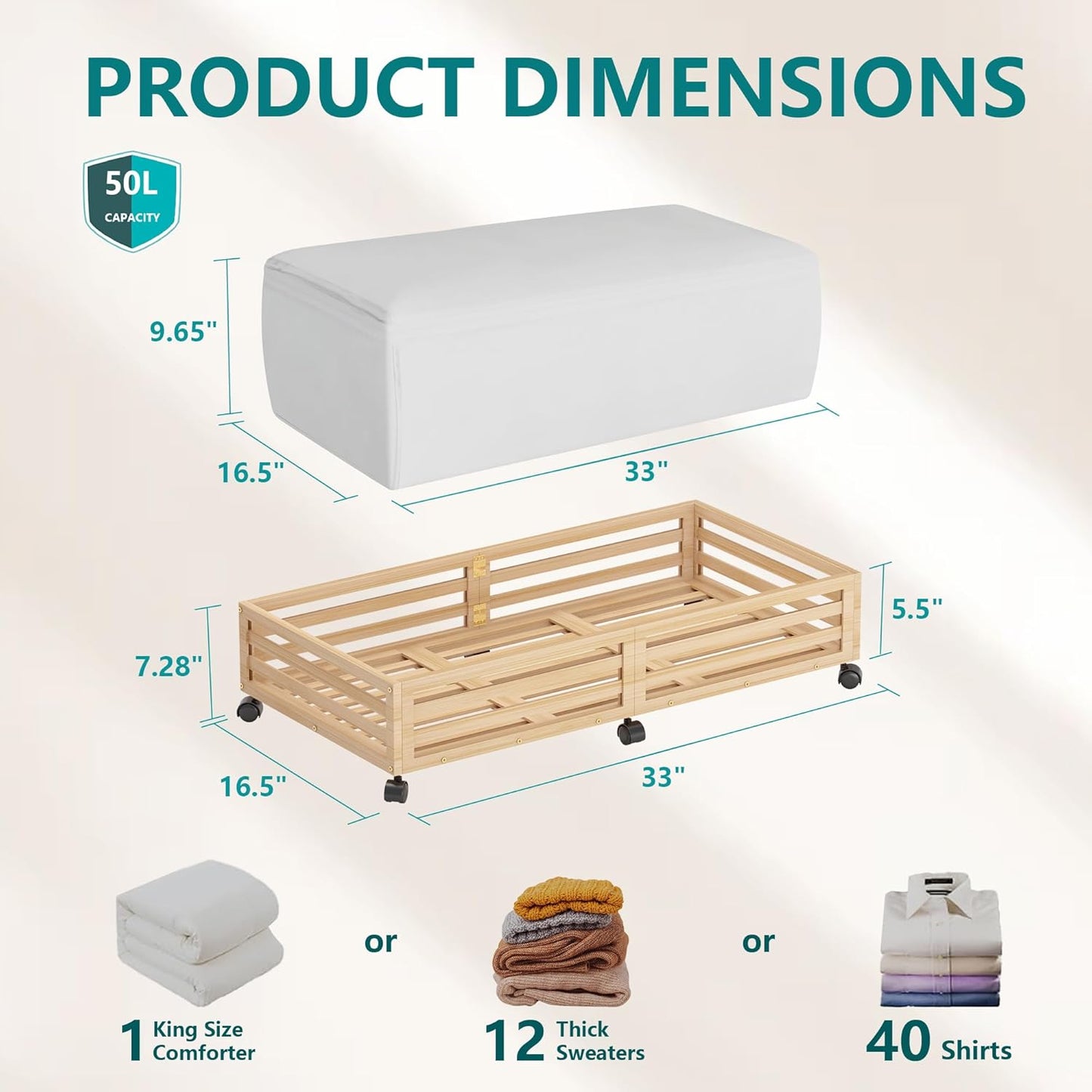 Wisuce 2 Packs Bamboo Under Bed Storage Organizer with Wheels White Small | 360° Lockable Wheels,120lbs Load Capacity, Multi-scene ,Dustproof Clear Storage Bag, Large Capacity,Easy Quick Assembly