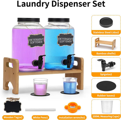 2-Pack Laundry Detergent Dispenser with Bamboo Stand，1 Gallon Laundry Soap Dispenser with Measuring Cup，Glass Laundry Detergent Containr for Laundry Room Organization and Storage