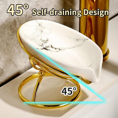 Dobbyby Leaf-Shaped Soap Dish – Premium Ceramic Soap Bar Holder with Self-Drainage System – Bar Soap Holder for Shower, Bathroom Sink, Kitchen – Waterfall Soap Dish with Stainless Steel Stand (SLIVER)