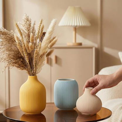 White Ceramic Flower Vases Set of 3, Modern Matte Vertical Ribbed, Nordic Minimalist Decor for Pampas, Dried & Fresh Flowers, Centerpiece for Living Room, Shelf, Entryway, Wedding,Office
