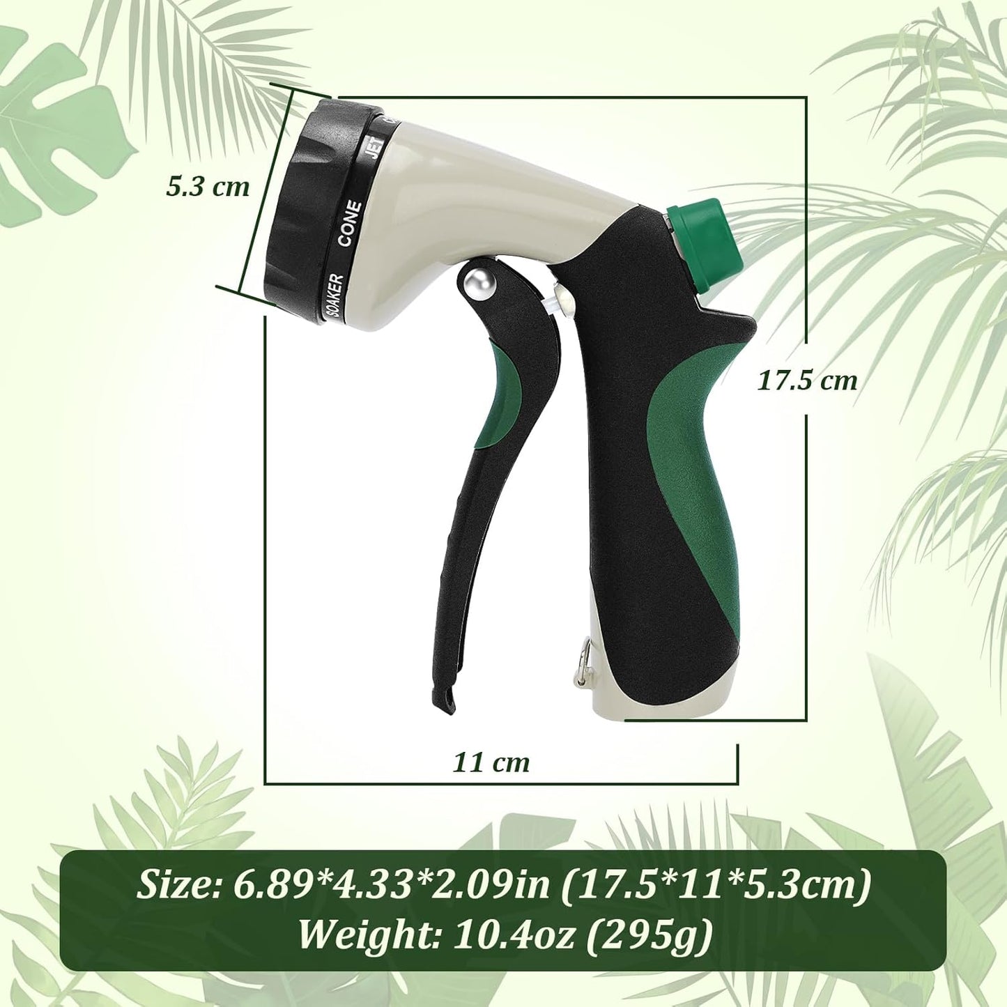 Garden Hose Nozzle, Heavy Duty Metal Water Nozzle with 8 Adjustable Spray Patterns, High Pressure Ergonomic Flow Control for Watering Plants, Lawns, Washing Cars, Pets, Black with Green