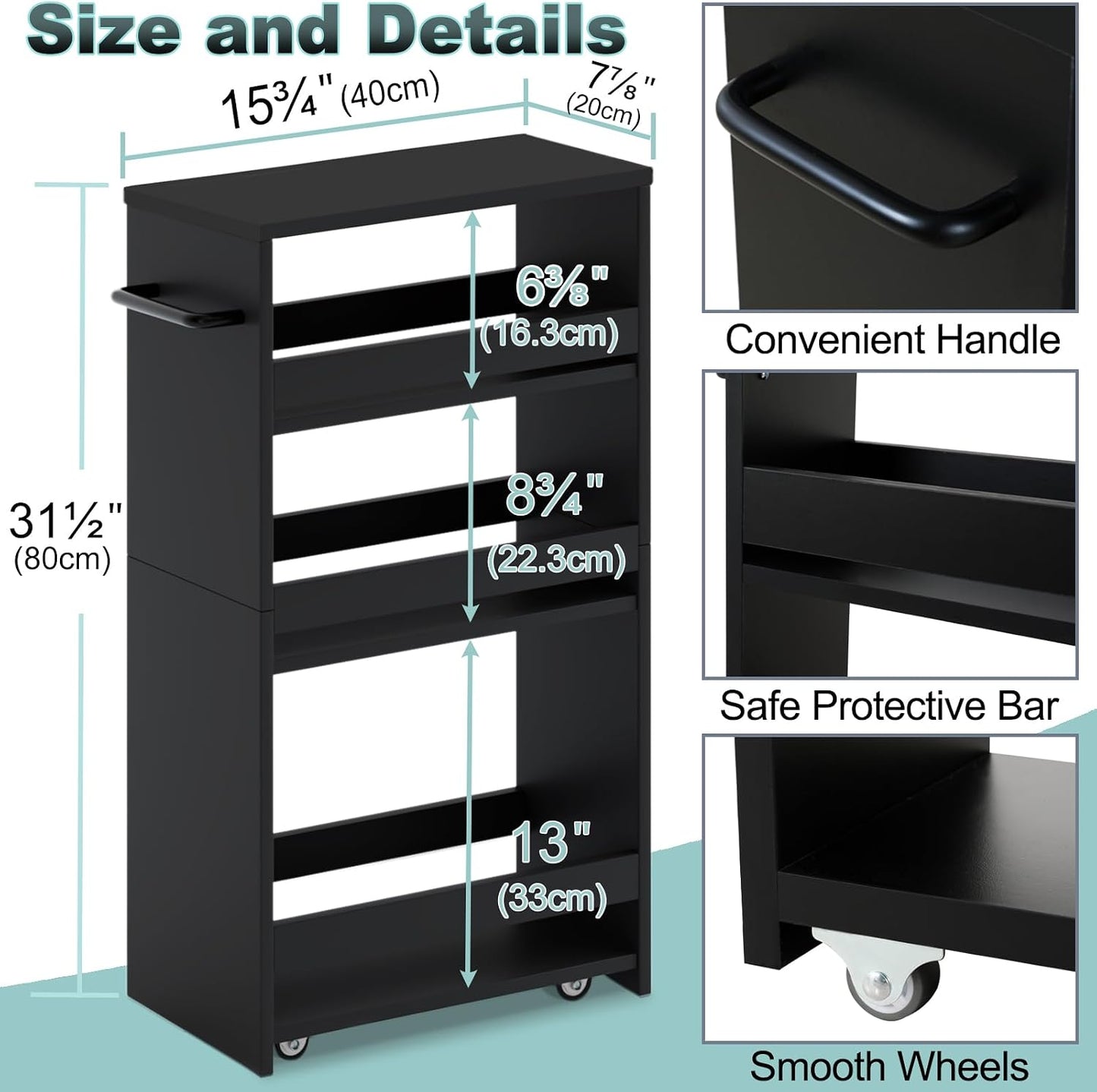 MARTY Slim Rolling Storage Cart 4-Tier Kitchen Cart with Wheels, Laundry Room Storage with Handle Slide Out Utility Cart Shelving Unit Organizer Trolley for Narrow Places Bathroom Small Corner, Black