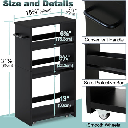 MARTY Slim Rolling Storage Cart 4-Tier Kitchen Cart with Wheels, Laundry Room Storage with Handle Slide Out Utility Cart Shelving Unit Organizer Trolley for Narrow Places Bathroom Small Corner, Black
