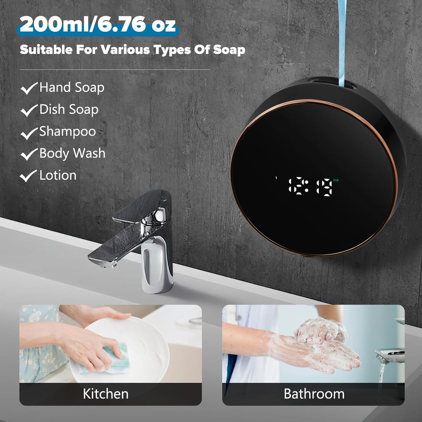 Automatic Soap Dispenser Foam Bathroom: Wall Mount Rechargeable Touchless Adjustable Auto Smart Electric Plastic Black Foaming Soap Dispenser with Clock - Kitchen - Hand Dish Lotion Couple Kids