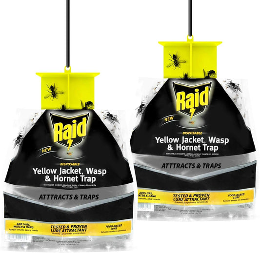 Raid Yellow Jacket, Wasp & Hornet Trap, 6 Pack, Disposable, Convenient, Hanging Fly Trap Bags with Food-Based Lure, No-Spray Outdoor Fly Traps Suitable Defense for Yards, Patios & Campsites