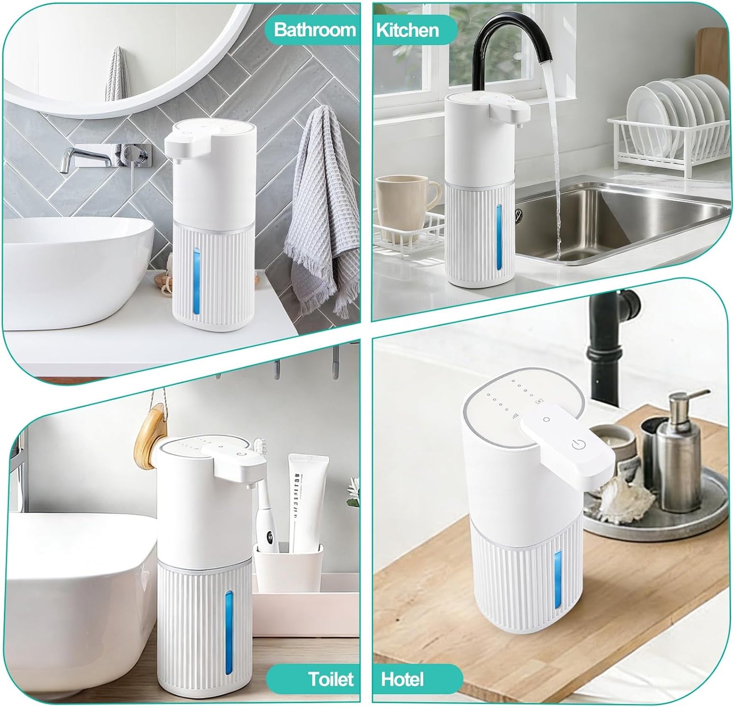 Automatic Soap Dispenser, Foaming Soap Dispenser Touchless with Continuous Dispensing, 4-Level Adjustable, Rechargeable Hand Soap Dispensers, Wall Mounted or Countertop for Bathroom & Kitchen