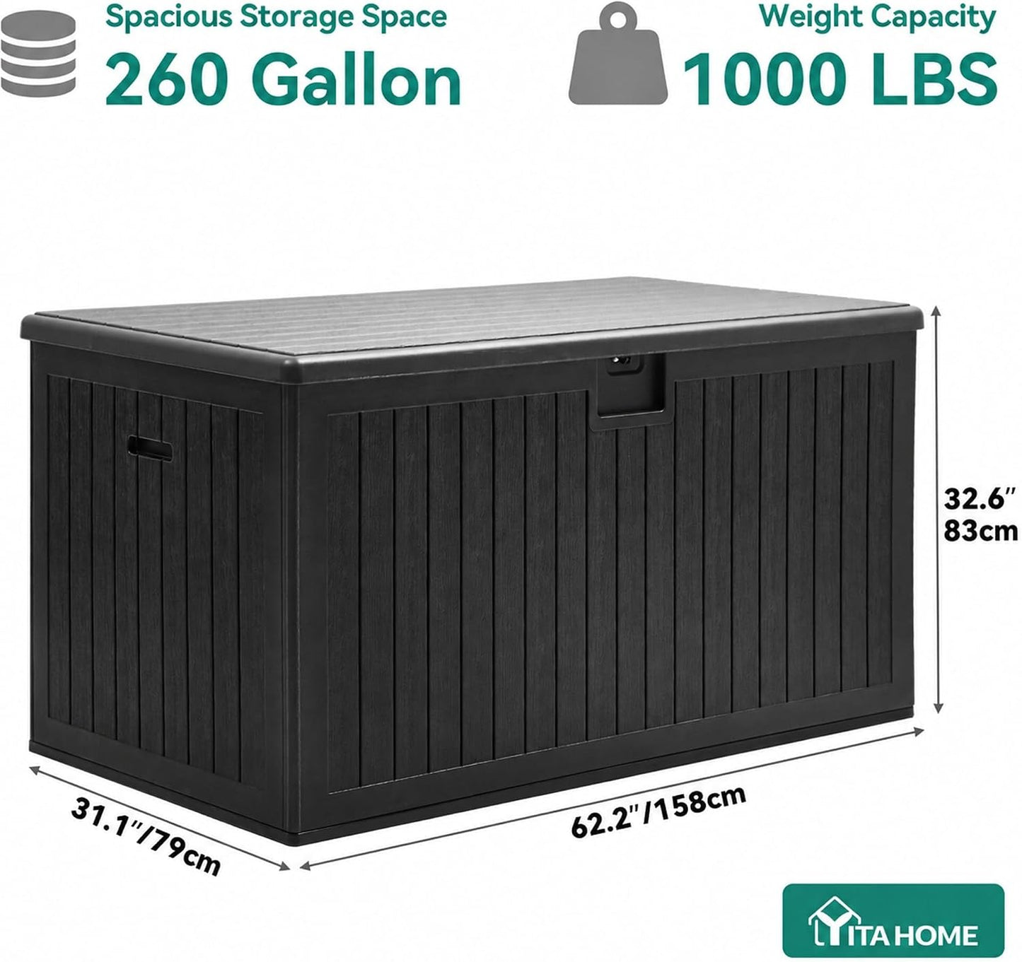 YITAHOME 95 Gallon Outdoor Storage Deck Box | Waterproof Resin Deck Box w/Handles, Lockable Outdside Deck Box for Patio Furniture, Garden Tools, Lockable & UV