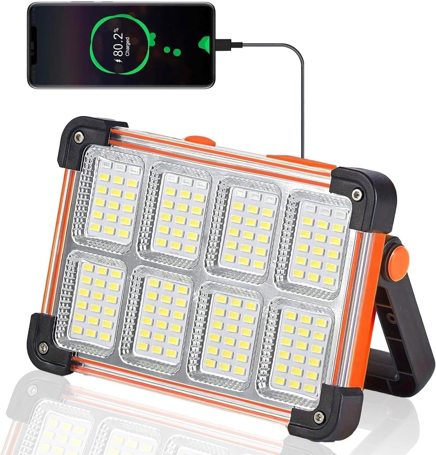 120W Solar Rechargeable Work Light, 144 LED 10000LM Portable Flood Light with Stand, IP66 Waterproof 4 Modes LED Job Site Lighting Flashlights for Mechanic Camping Fishing Car Repair