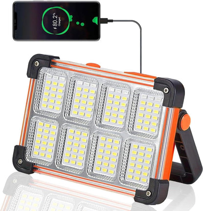 120W Solar Rechargeable Work Light, 144 LED 10000LM Portable Flood Light with Stand, IP66 Waterproof 4 Modes LED Job Site Lighting Flashlights for Mechanic Camping Fishing Car Repair