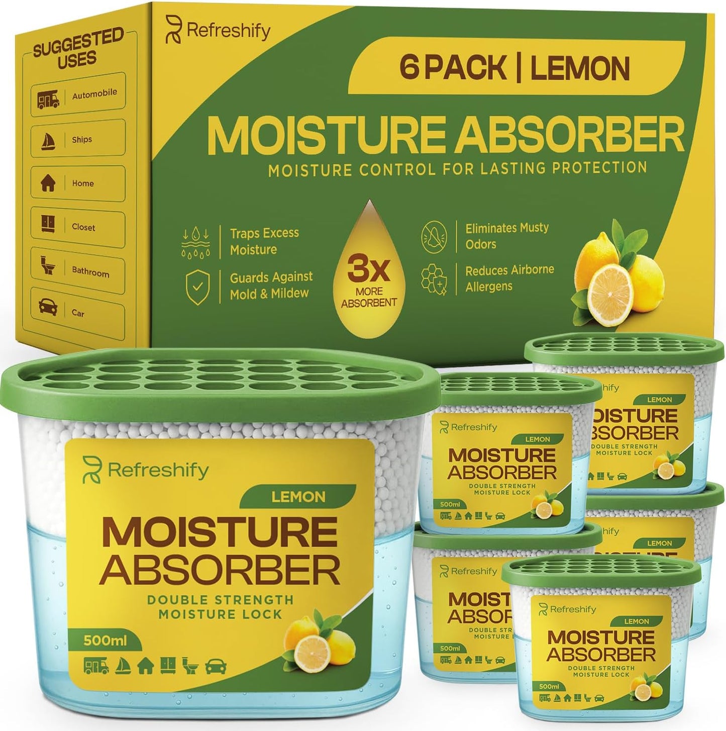 Premium Moisture Absorbers and Dehumidifier Tubs – High-Efficiency Closet Dehumidifier and Dehumidifier for Car, Odor Control Fragrance Free, 6 Pack, 7.5 Oz