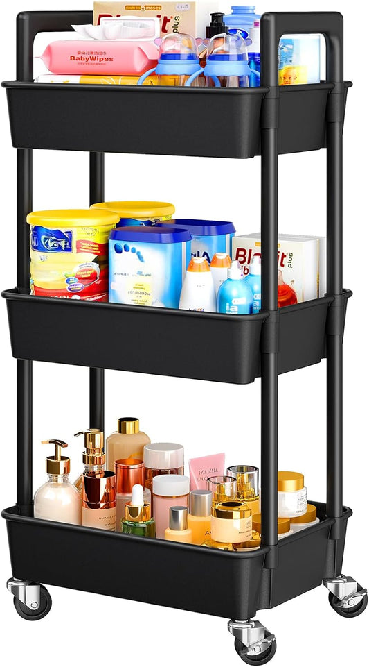 Pipishell 3 Tier Rolling Cart Organizer, Plastic Rolling Cart with Lockable Wheels & Reinforced Handle, Lightweight Utility Cart Storage Cart for Nursery, Kitchen, Bathroom, Craft Room, White, PIUC14W