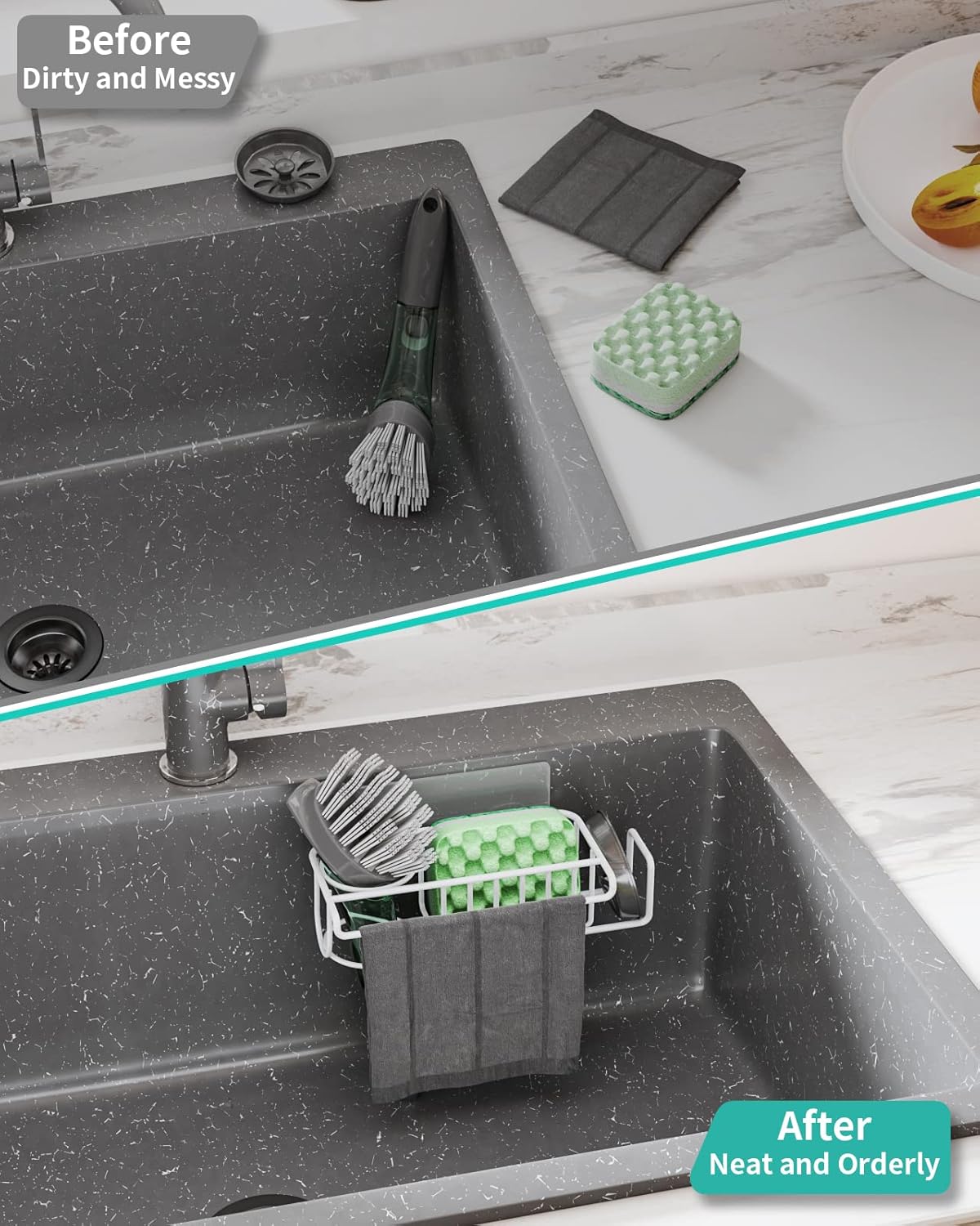 HapiRm 4 in 1 Sink Caddy Sponge Holder, SUS304 Stainless Steel Kitchen Brush Holder and Dish Cloth Hanger, Kitchen Organizers and Storage Essentials - Silver