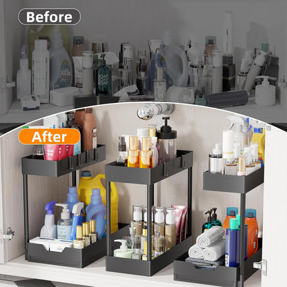 Simple Trending Under Sink Organizer 2 Pack, 2 Tier Cabinet Organizer with Sliding Basket, Multi-Purpose Sink Storage Basket with 4 Hooks for Kitchen Bathroom, Black