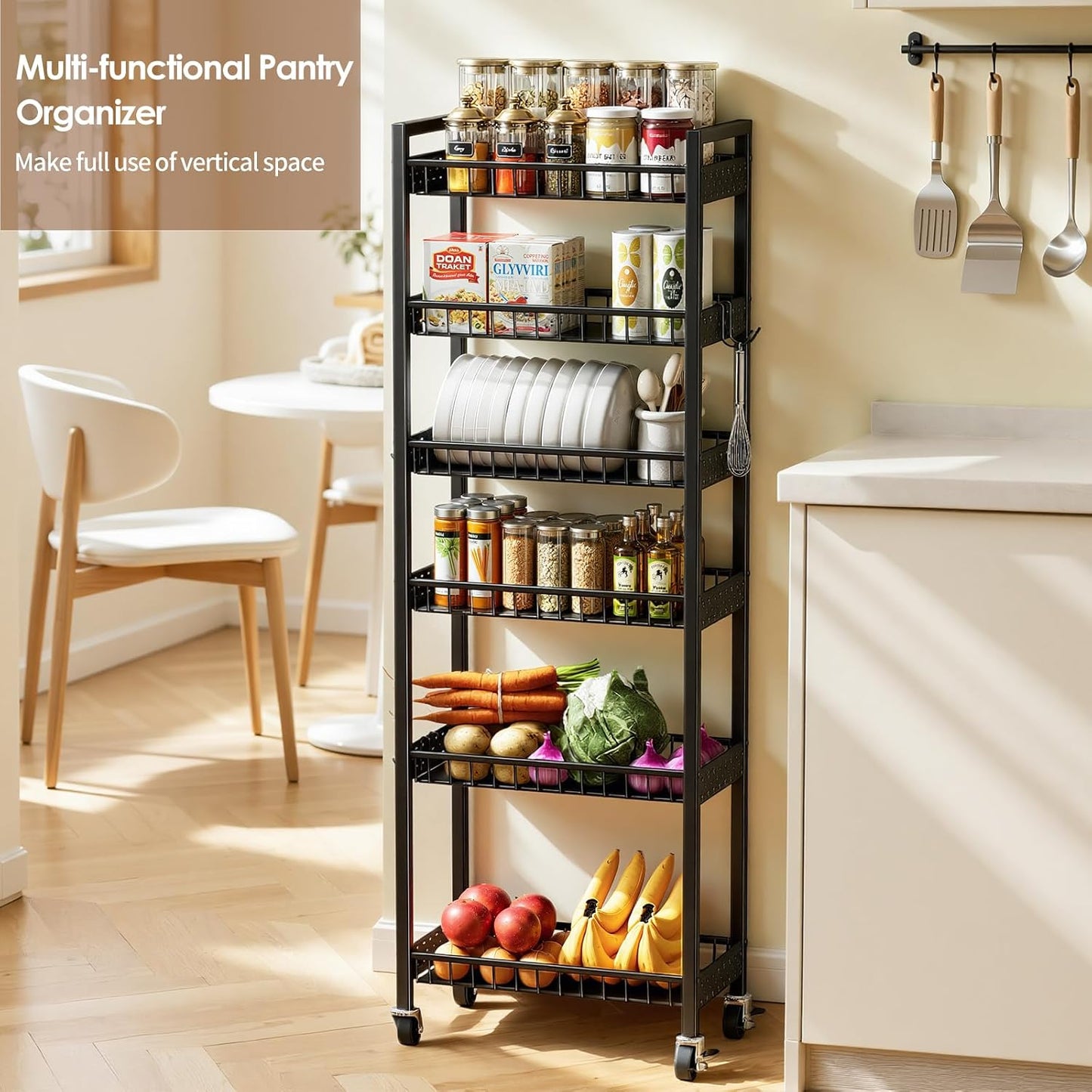 Slim Storage Rolling Cart, 4 Tier Narrow Cart with Wheels, Metal Kitchen Rolling Cart for Small Spaces, Slide Out Storage Shelves for Kitchen, Laundry Room, Bathroom, Living Room, 7.1in(W)