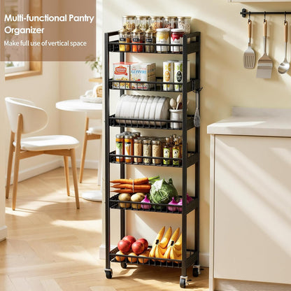 Slim Storage Rolling Cart, 4 Tier Narrow Cart with Wheels, Metal Kitchen Rolling Cart for Small Spaces, Slide Out Storage Shelves for Kitchen, Laundry Room, Bathroom, Living Room, 7.1in(W)