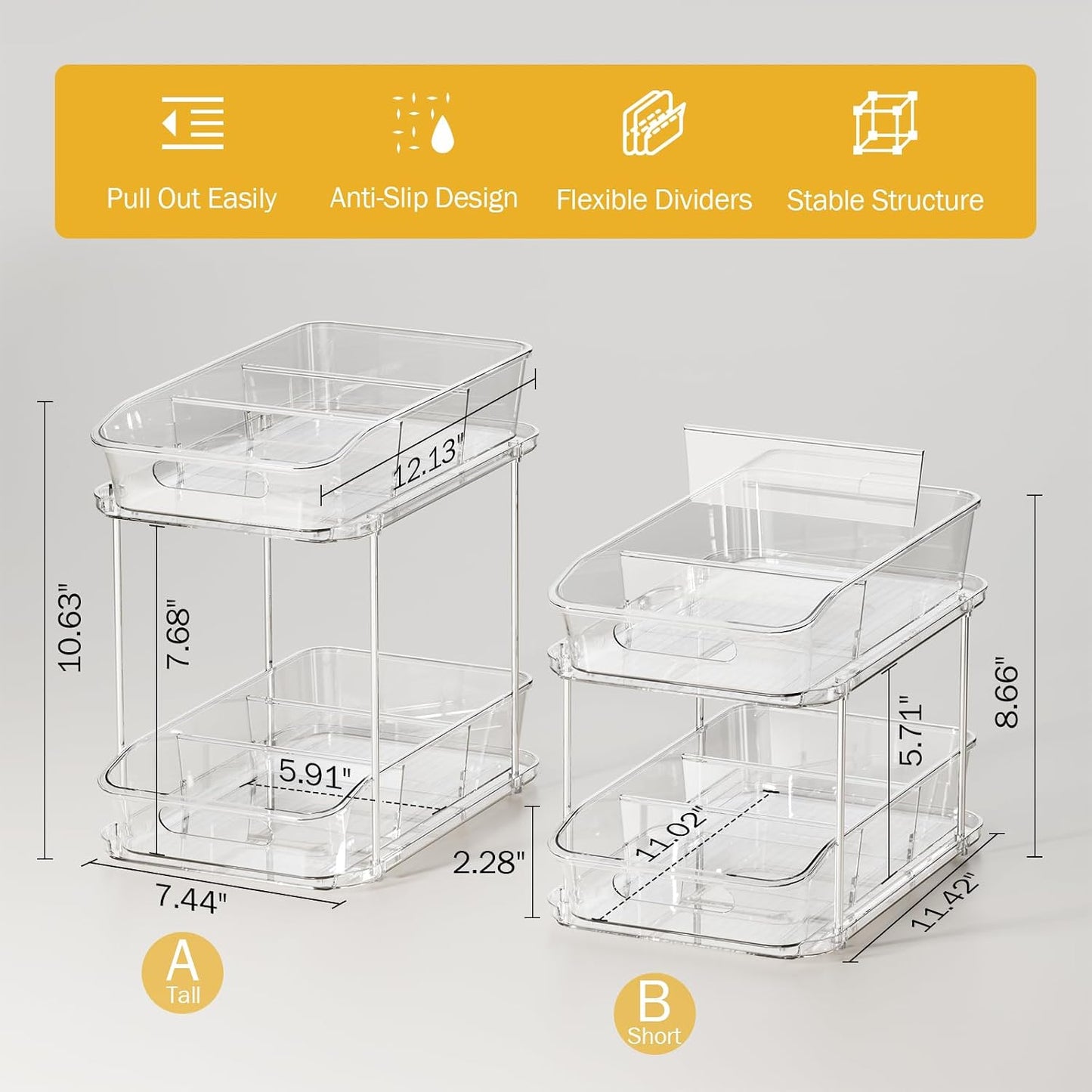 Delamu 2-Tier Under Sink Organizers and Storage, Multi-Purpose Stackable Bathroom Cabinet organizers, Pull Out Kitchen Pantry Organization and Storage with Dividers(2 Pack, Clear)