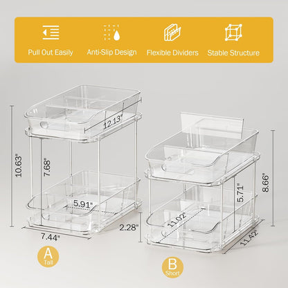 Delamu 2-Tier Under Sink Organizers and Storage, Multi-Purpose Stackable Bathroom Cabinet organizers, Pull Out Kitchen Pantry Organization and Storage with Dividers(2 Pack, Clear)