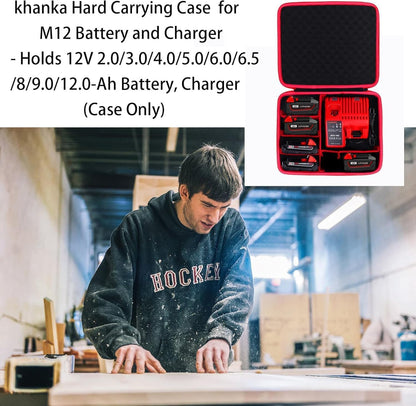 khanka Hard Battery Storage Box Holder, Carrying Case Replacement for Milwaukee M12 M18 18V and Charger - Holds 12V M18 18V 2.0/3.0/4.0/5.0/6.0/6.5/8/9.0/12.0-Ah Battery, Charger (Case Only)