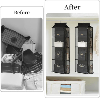 8 Grids in 1 Pack Hanging Purse Handbag Organizer with Double Zippers, Visible Purse Organizer for Closet, Fully Enclosed Purse Storage Holder-Black