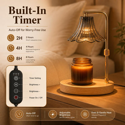 Candle Warmer Lamp with Timer, Dimmer, Vintage Glass Shade | Adjustable height, 2/4/8-hour timer, wood base, 2 bulbs included