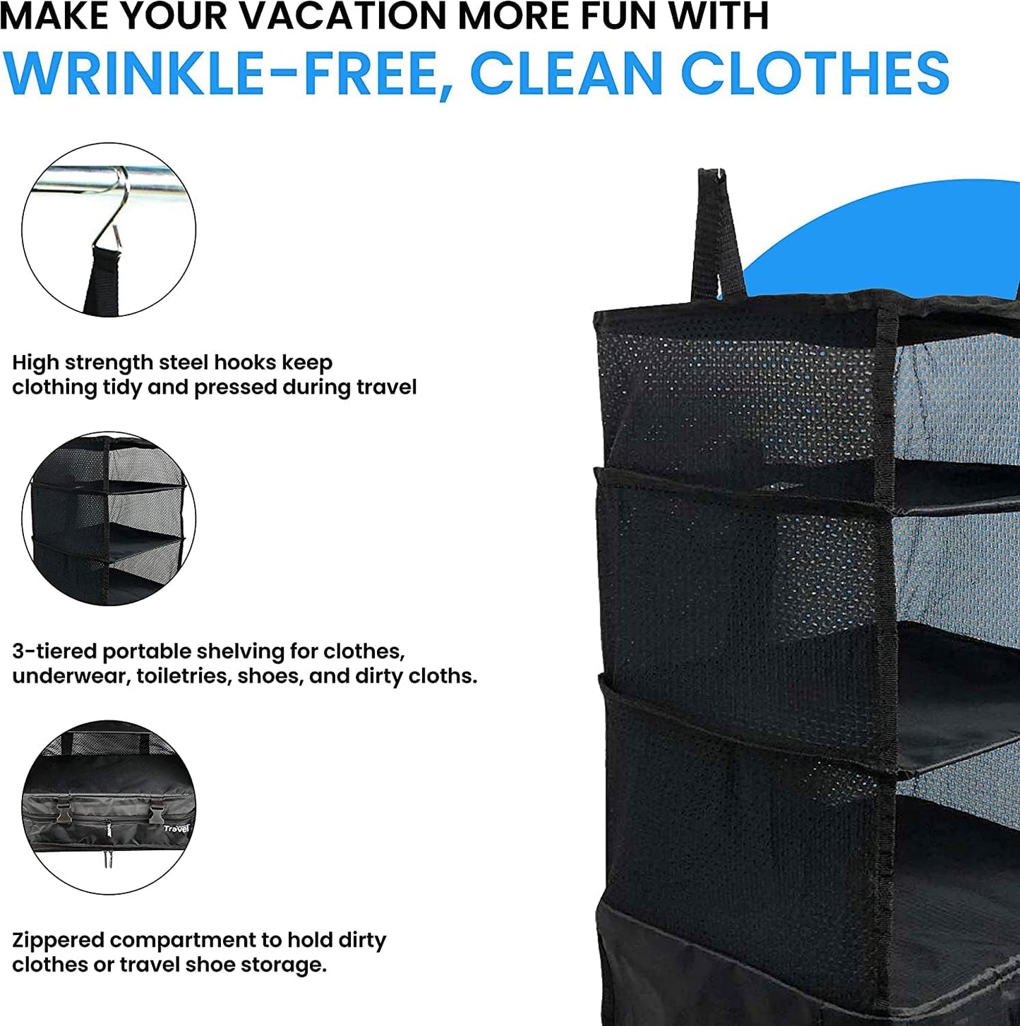 Grand Fusion Stow-N-Go Hanging Travel Shelves, Packing Organizer for Luggage. Carry on Closet for Suitcase. Expandable Packing Cube. Travel Essentials. (Black - L, L = (L) 11.8" x (W) 11.8")