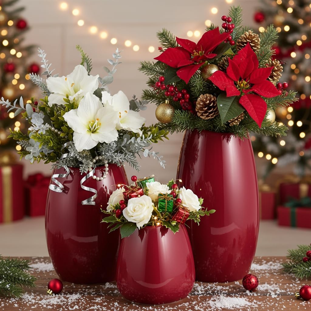 hjn Ceramic Vase Set of 3 White Flower Vase for Home Decor, Modern Decorative Vases for Flowers/Ideal Shelf Decor/Table/Living Room/Kitchen/Office-White