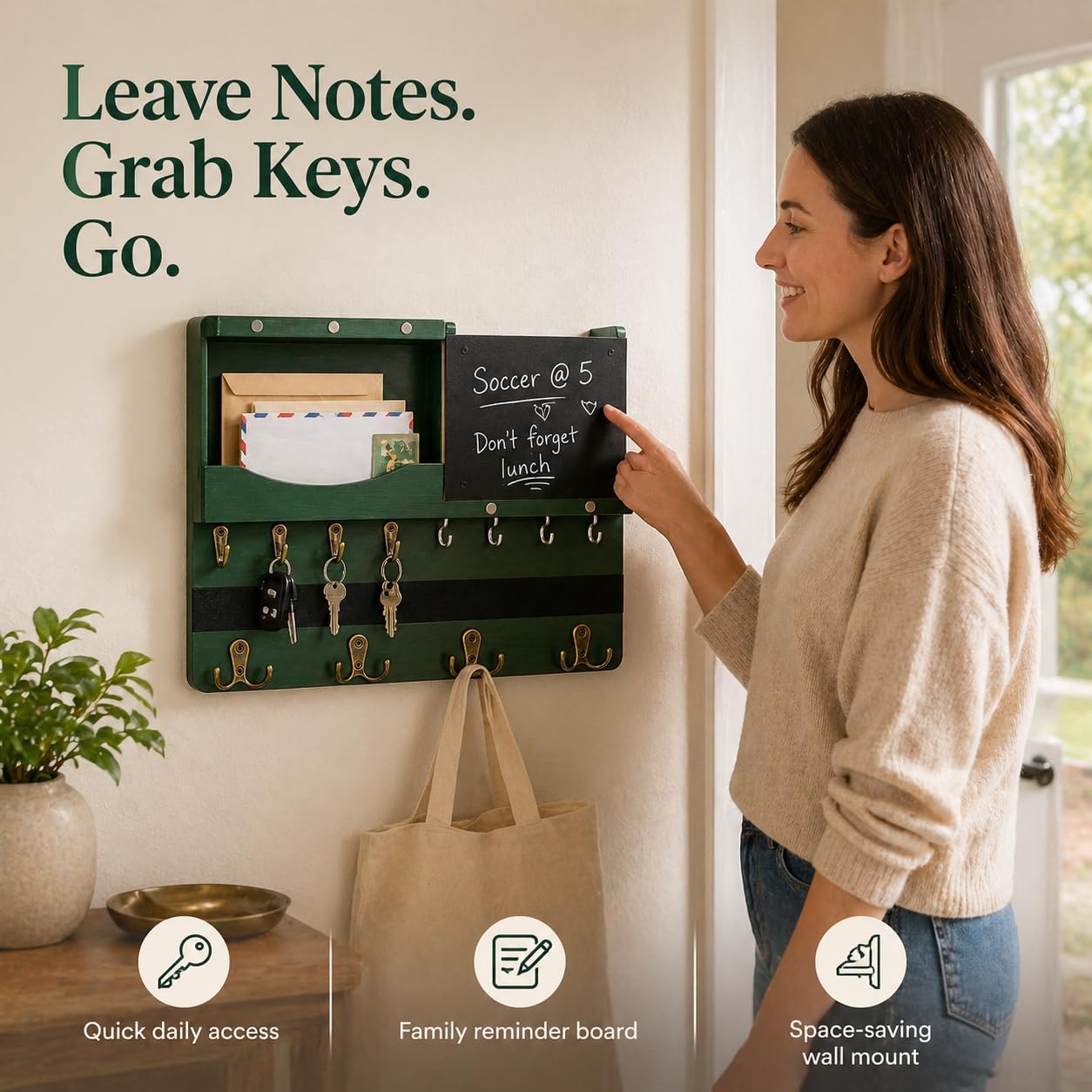 Key Holder for Wall Mount with Shelf and Mail Organizer, Key and Mail Holder with 16 Hooks, Farmhouse Entryway Organizer, Home Decor Rack (Pine Wood, Black)