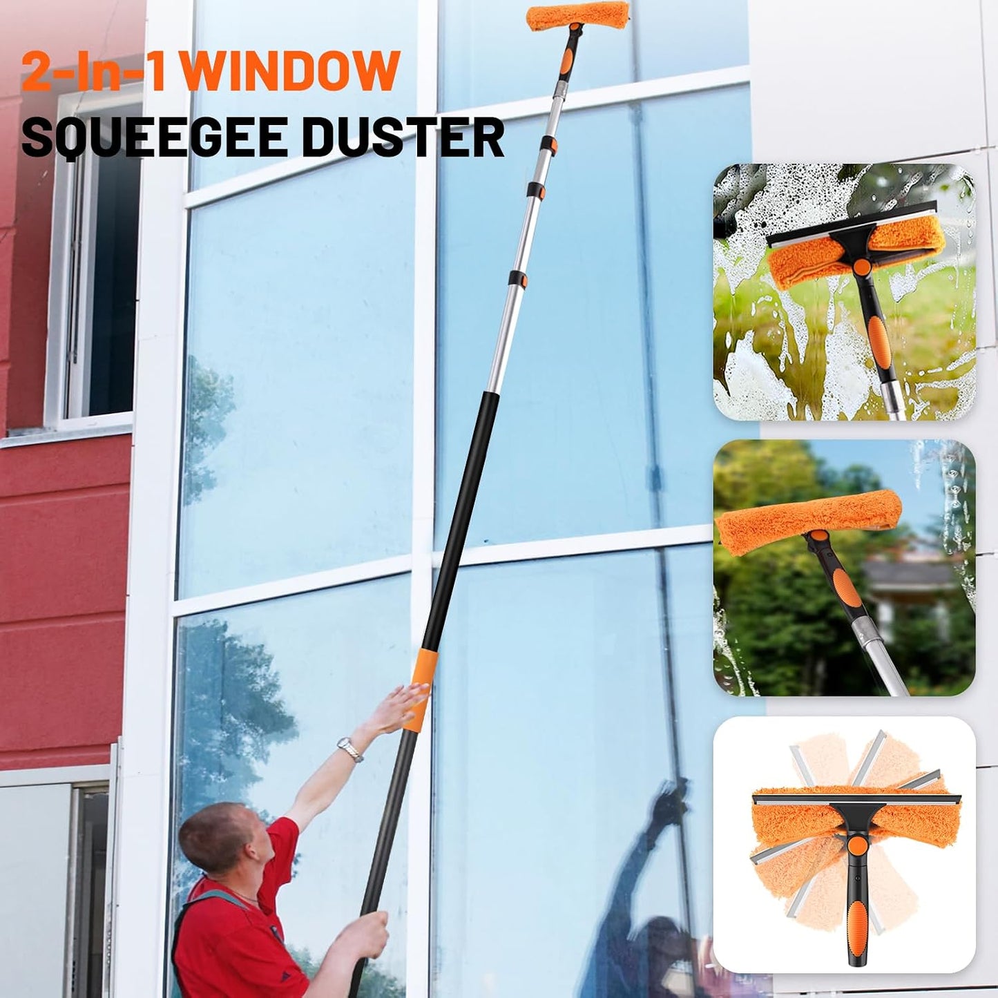 20ft High Reach Duster Kit with Extendable Pole (5-12ft),High Ceiling Duster Kit Includes–Ceiling Fan Blade Cleaner, Cobweb Remover, Bendable Duster, Microfiber Glass Scrubber & Squeegee & Swivel Head
