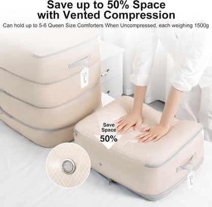 Comforter Storage Bag - Large Capacity Blanket Storage Bags 3-Layer Ultra Space Saving Self Compression Organizer, Washable Compression Bags for Storage Comforter Blanket, 2-Pack, Beige