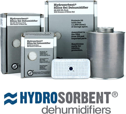 HYDROSORBENT® Moisture Absorbers for Cameras, Telescopes, Safes (40gm - 2 Pack). Blue to Pink. Rechargeable, Reusable Desiccant Dehumidifier. Made in USA Silica Gel Desiccant Mini Canisters.