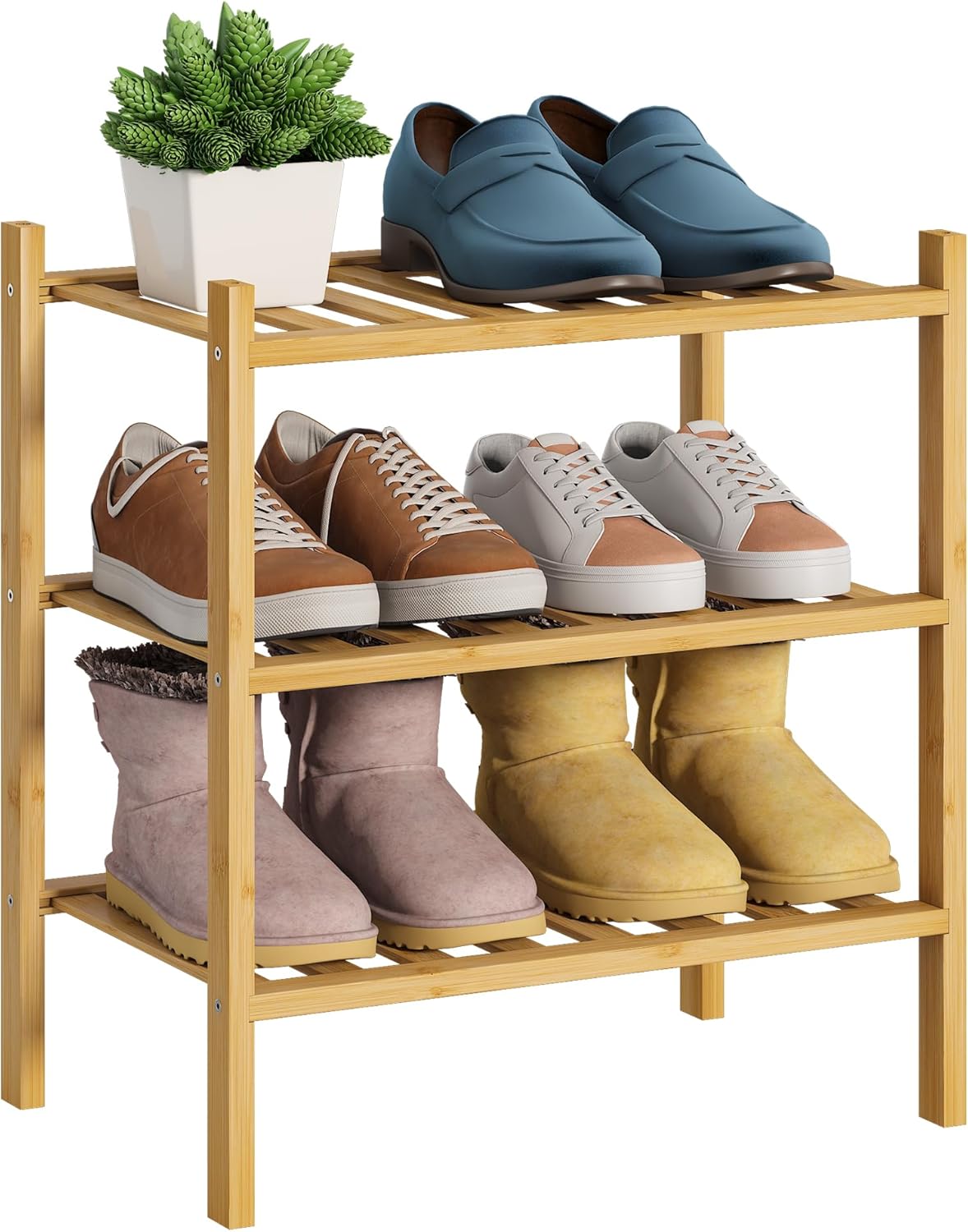 BMOSU 2-Tier Bamboo Small Shoe Rack Premium Stackable Shoe Shelf Storage Organizer for Hallway Closet Living Room Entryway Organizer (Black Bamboo)